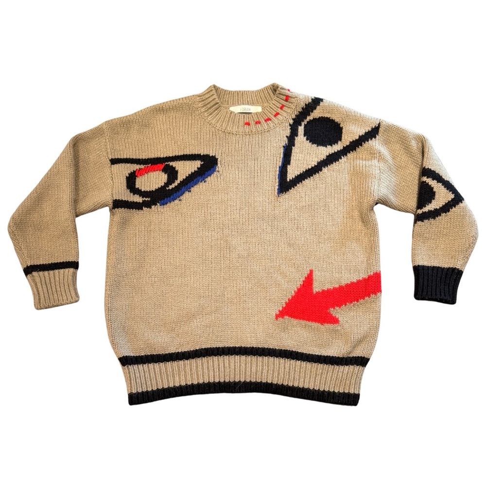 Designer Beige Sweater with Eye Motif, Women's Geometric Sweater